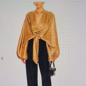 $595 Azeeza Culhane Blouson Women's Walnut Silk Blouse Sleeve Front Tie Blouse